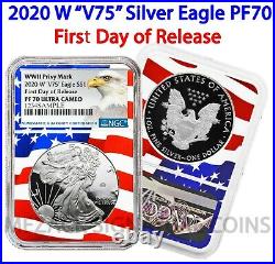 2020 W V75 Privy Mark $1 Silver Eagle NGC PF70 FDOR Flag Core End of WWII