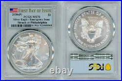 2020 (p) Silver American Eagle $1 Emergency Pcgs Ms70 First Day Of Issue Flag