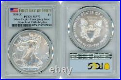 2020 (p) Silver American Eagle $1 Emergency Pcgs Ms70 First Day Of Issue Flag M1