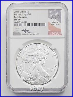 2021 $1 American Silver Eagle 1oz Coins Type-1 NGC MS70 E. R. Mercanti Signed