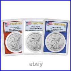 2021 $1 American Silver Eagle 3pc. Set PCGS MS70 FS Flag Label Red White Blue