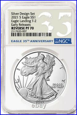 2021 $1 Reverse Proof Silver Eagle 2 Coin Ngc Pf70 Designer Set Early Releases