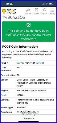 2021 $1 Silver Eagle T1 PCGS MS70 Dennis Rodman Chicago Bulls Autograph PSA