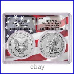 2021 $1 T1 and T2 Silver Eagle Set PCGS MS70 First and Last Production Flag Fram