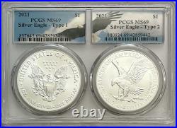 2021 American Silver Eagle PCGS MS 69 Type 1 & Type 2 Set Eagle Label 2021 American Silver Eagle PCGS MS 69 Type 1 & Type 2 Set Eagle Label