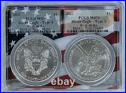 2021 PCGS $1 Type 1 and Type 2 Silver Eagle Set MS70 FS Flag Frame Dual-Holder