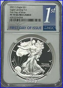 2021 S $1 Ngc Pf70 Ultra Cameo T-2 Proof Silver Eagle First Day Of Issue Fdoi