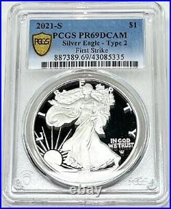 2021 S PROOF SILVER EAGLE PCGS PR69 DCAM TYPE 2 FIRST STRIKE, GOLD SHIELD WithOGP