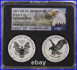 2021 S W Reverse Proof Silver Eagle 2 Coin Designer Set T1 & T2 Ngc Pf 69