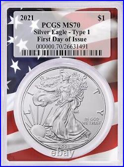 2021 Silver American Eagle PCGS-MS70 T1 FDOI USA FLAG #105501-22
