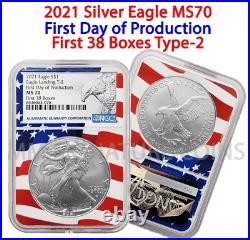 2021 Silver Eagle T-2 First Day of Production First 38 Boxes MS70 NGC Flag Core