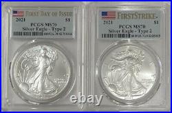 2021 Silver Eagle Type 2 First Strike & First Day of Issue PCGS MS70 2 Coin Set
