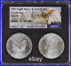 2021 Type 1 and Type 2 Silver Eagle Set NGC MS70 Black Core