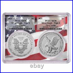 2021 U. S. Silver Eagle T1 & T2 2 x 1 oz Coin Set PCGS MS 70 FS Flag Frame