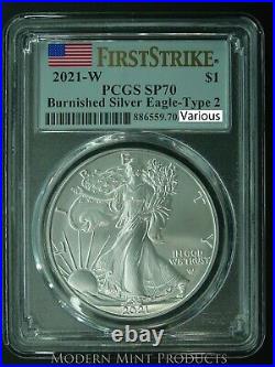 2021-W $1 Burnished American Silver Eagle Type 2 PCGS First Strike SP70 FS Flag