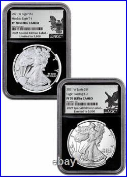2021 W $1 Silver Eagle T-1 & T-2 NGC PF70 2-Coin Set. 999 Silver Label BlackCore