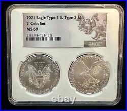 2021 W SILVER EAGLE SET NGC MS69 TYPE 1 AND 2 COIN SET. 999 Fine IN STOCK