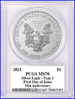 2021-mint State Silver Eagle-pcgs Ms70-fdoi-mercanti-type 1-35th Anniversary