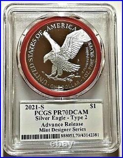 2021-s Advanced Release Proof Silver Eagle-pcgs Pr70-type 2-emily Damstra