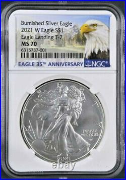 2021 w burnished american silver eagle, type 2, ngc ms 70, eagle/mtn label