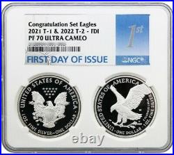 2022 & 2021 W NGC PF70 $1 FIRST DAY OF ISSUE Silver Eagle Congratulations Set %