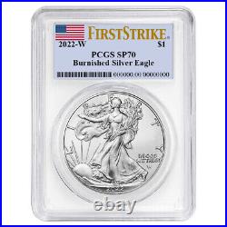 2022-W Burnished $1 American Silver Eagle PCGS SP70 FS Flag Label White Frame