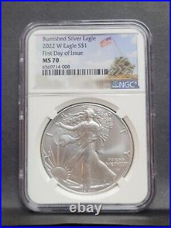2022 W Burnished $1 Silver Eagle NGC MS70 FDI First Day of Issue Iwo Jima Ed%