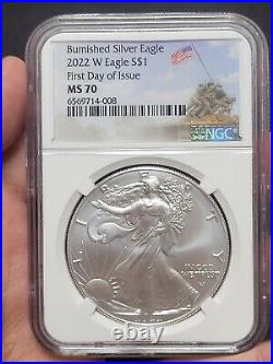 2022 W Burnished $1 Silver Eagle NGC MS70 FDI First Day of Issue Iwo Jima Ed%