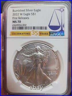 2022 W Burnished $1 Silver Eagle NGC MS70. First Releases 35h Anniversa Label