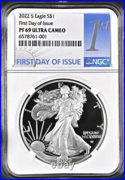2022 s proof silver eagle ngc pf69 uc first day of issue first label with coa