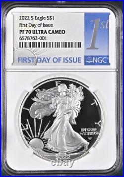 2022 s proof silver eagle, ngc pf70 uc first day of issue, 1st label, in hand