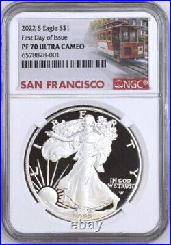 2022 s proof silver eagle, ngc pf70 uc first day of issue, trolley, in hand