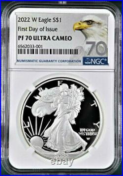 2022 w proof silver eagle, ngc pf70uc first day of issue, ase 70 label, in hand