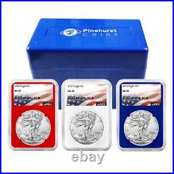 2023 $1 American Silver Eagle 3pc Set NGC MS70 Flag Label Red White Blue