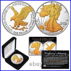 2023 1 OZ. 999 American Silver Eagle 24KT GOLD with Fine SILVER Background withBOX
