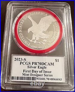 2023-S Proof Silver Eagle PR70DCAM, FDOI, Mint Designer Series, Damstra Signed