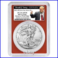 2023 (W) $1 American Silver Eagle 3pc Set PCGS MS70 FDOI Trump 45th Label Red Wh