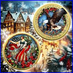 2024 U. S. Eagle Merry Christmas Edition 1 oz Silver Coin 24k Gold Gilt with Color