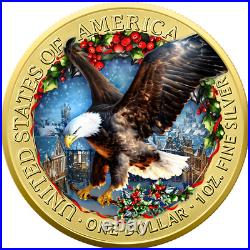2024 U. S. Eagle Merry Christmas Edition 1 oz Silver Coin 24k Gold Gilt with Color