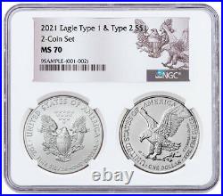 2 Coin Set 2021 American Silver Eagle Type 2 & Type 1 Type Set NGC MS70 PRESALE