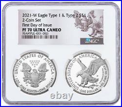 2pc 2021 W Proof American Silver Eagle Type 2 & Type 1 NGC PF70 UC FDI