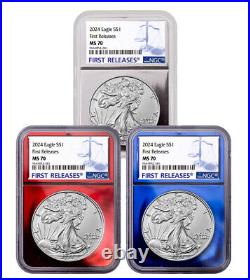 3PC 2024 $1 Silver American Eagle NGC MS70 FR Red/Silver/Blue Core PRESALE