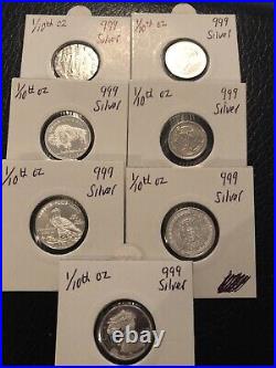 7 X 1/10th Tenth 999 Silver Coins Rounds All Different Britannia Eagle Aztec Etc