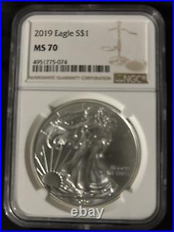 A USA 2019 Eagle S$1. MS70, NGC. 1 oz SILVER COIN