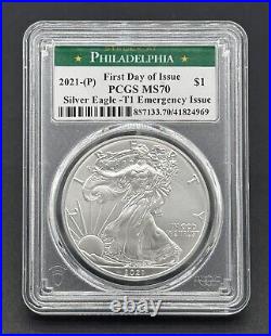 American 2021-P $1 Graded FDOI-Emergency Issue 999 Silver Eagle Dollar PCGS MS70 American 2021-P $1 Graded FDOI-Emergency Issue 999 Silver Eagle Dollar PCGS MS70