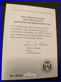 American Eagle 2019 S One Ounce Silver Enhanced Reverse Proof Coin COA# 5542