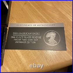 American Eagle 2021 One Ounce Silver Reverse Proof Two Coin Set In Hand