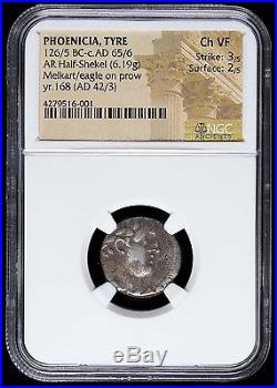 Awesome Authentic Phoenicia Tyre Silver Half Shekel Melkart & Eagle, NGC CH VF