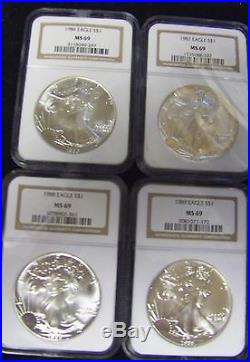 BJStamps 1986 -2005 set 20 NGC MS69 $1 Silver Eagles. 999 Brown label in box