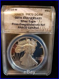 Extremely Rare 2016 W Silver Eagle Congratulations Set ANACS PR70 30TH Ann